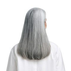 Naklejka premium Long Silver Hair of a Woman in a White Shirt Captured from the Back with Soft Light and Neutral Background