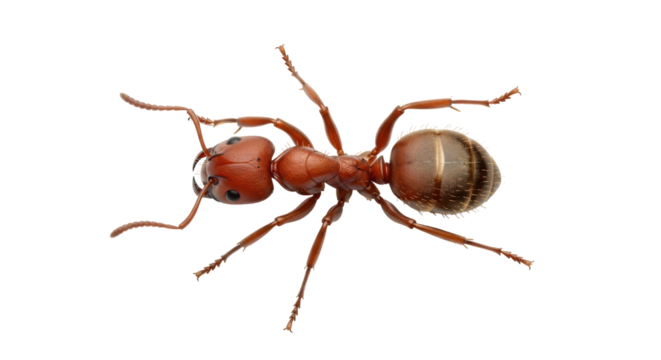 Isolated ant close-up from above featuring detailed anatomy of the insect on display