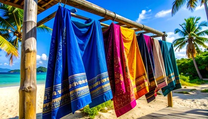 Colorful textiles hang drying on a tropical beach