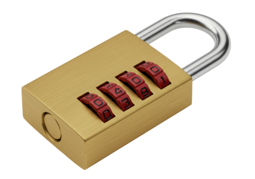Isolated combination padlock with four dials featuring the digits 0, 4, 9, and 1 in red