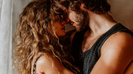 Passionate couple embracing closely, expressing love, desire, and emotional intimacy.