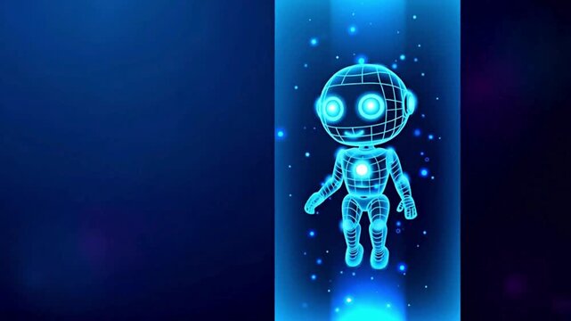 AI Agent Hologram Takes Off from Glowing Portal, Cute Digital Chatbot Animation on Blue Tech Background, Futuristic Abstract Motion Video for Innovation, Virtual Intelligence, and Smart Technology