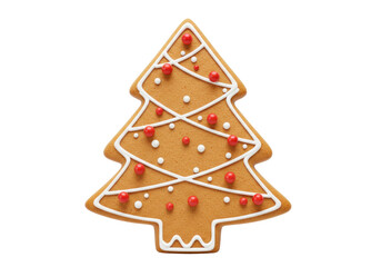 Isolated Christmas gingerbread tree cookie with frosting detail and sweet decorations