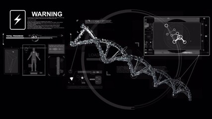 Futuristic DNA Loading Sequence with Warning Alerts and Progress Indicators on Black - Powered by Adobe
