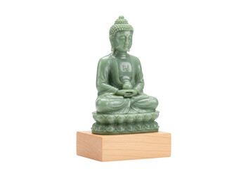 Isolated buddha statue made of green jade on wooden base for calm decoration or gift