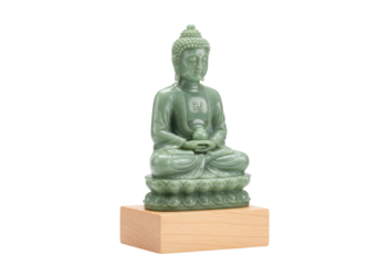 Isolated buddha statue made of green jade on wooden base for calm decoration or gift
