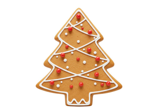 Isolated Christmas gingerbread tree cookie with frosting detail and sweet decorations