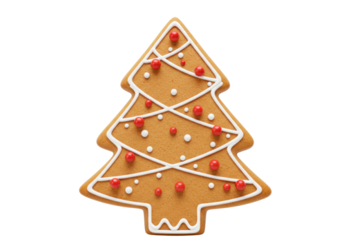Isolated Christmas gingerbread tree cookie with frosting detail and sweet decorations