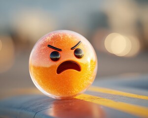 Expressive Vibrant Orange Emoji Sphere with Intense Facial Expression on Smooth Surface with Blurred Background Bokeh Lighting