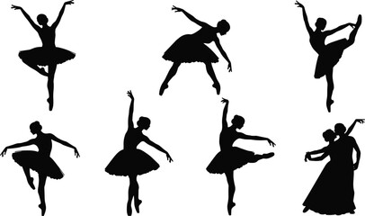 Obraz premium Ballerina silhouettes in classical ballet poses with tutus, solo and duet stage performance, graceful choreography, expressive dance art illustration