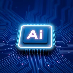 CPU with Light Glowing Neon Frame on Circuit Board. Technology Semiconductor on Blue Background. Empty AI Chip