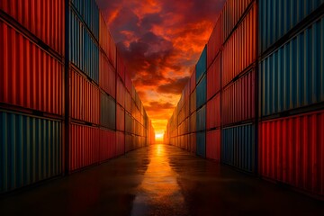 Fototapeta premium Colorful shipping containers at sunset. Generative AI image