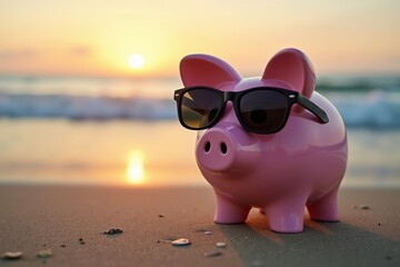 Pink Piggy Bank with Black Shades Enjoying Sunset on Sandy Beach with Ocean Waves
