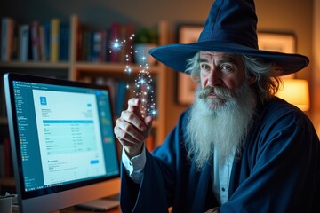 CPA in Wizard Costume Enchanting Invoice on Computer Screen