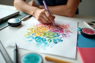 Naklejka premium Creative Person Using Colorful Ink Pads and Stamps to Make Art on Large Paper Surrounded by Office Supplies