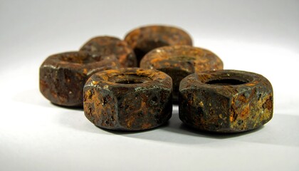 Collection of hexagonal nuts, heavily rusted, brown and orange on white background