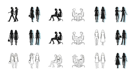 Top View Vector Icons – Silhouettes of Women Executives Standing and Sitting AI EPS PNG JPEG
