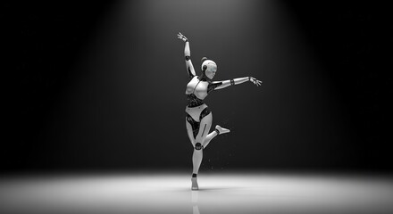 Elegant humanoid robot gracefully dances in spotlight, showcasing futuristic movement and advanced technology