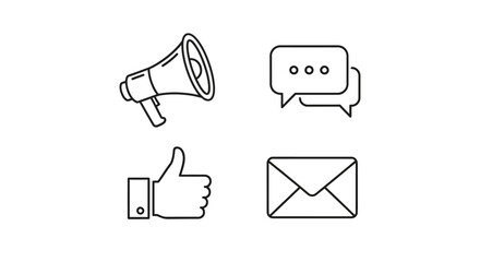 Boost your brand with these sleek marketing icons featuring a megaphone, speech bubble, thumbs up, and email envelope for dynamic communication strategies