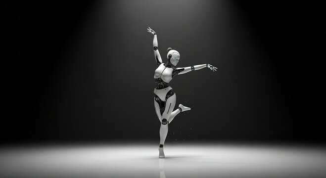 Elegant humanoid robot gracefully dances in spotlight, showcasing futuristic movement and advanced technology