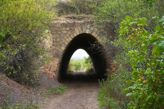 Ancient stone railway tunnel with gothic arch shape, overgrown with greenery and bushes, historical abandoned architecture hidden in nature, concept of mystery, travel and exploration.