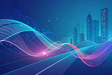 Abstract blue technology background featuring digital fractal waves and glowing motion lines for a modern light effect wallpaper design