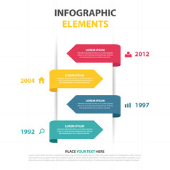 Timeline infographic elements with dates and text boxes in red yellow blue and green colors