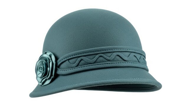 A close-up studio shot of a teal cloche hat with a decorative rose and zigzag trim.