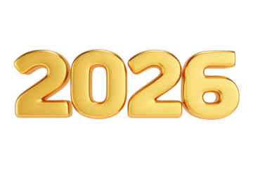2026 happy new year golden number design isolated on white background, png, ai generated
