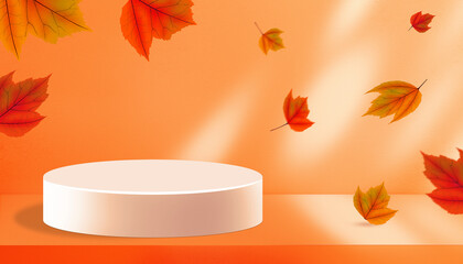 Orange background for autumn and halloween with white podium and falling maple leaves. Fall season showroom, halloween studio background. Autumn sale promotion stand.