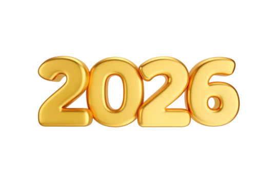 2026 happy new year golden number design isolated on white background, png, ai generated