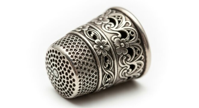 A highly detailed antique silver thimble with intricate floral and filigree patterns, resting on a white background.