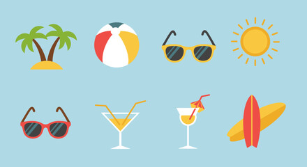 Immerse yourself in the summer spirit with this flat design icon set, showcasing minimalist illustrations of tropical beach vacations and relaxation. Ideal for holiday-themed projects..