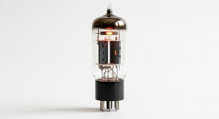 A close-up studio shot of a vintage vacuum tube with a glowing filament, isolated on a white background.
