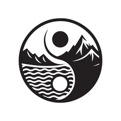 yin-yang shaped by ocean and mountain vector silhouette clip art logo design illustration