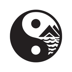 Fototapeta premium yin-yang shaped by ocean and mountain vector silhouette clip art logo design illustration