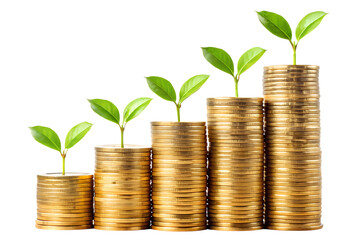 Stacks of Golden Coins with Growing Plants Representing Financial Growth and Investment Success on transparent background golden coins growing plants symbolize financial