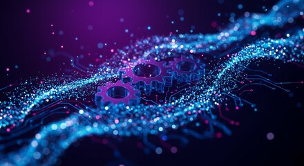 Fototapeta premium Digital gears connect data streams with vibrant energy