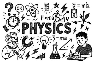 Physics doodle icons with student science symbols energy and experiment elements, Transparent Background