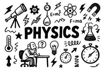Physics doodle icons with student science symbols energy and experiment elements, Transparent Background