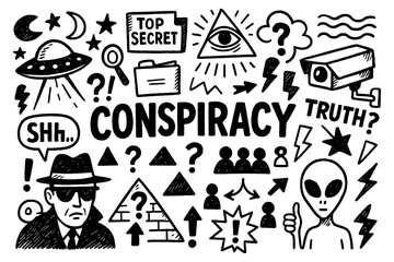 Conspiracy doodle collage with secret symbols, all seeing eye, alien and surveillance elements, Transparent Background 