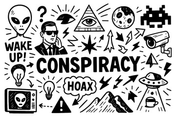 Conspiracy doodle collage with secret symbols, all seeing eye, alien and surveillance elements, Transparent Background 