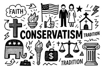 Conservatism doodle collage with religion, tradition, patriotism and social values symbols, Transparent Background 