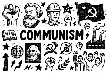 Communism doodle collage with political symbols, workers, protest and revolution elements, Transparent Background