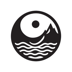 yin-yang shaped by ocean and mountain vector silhouette clip art logo design illustration