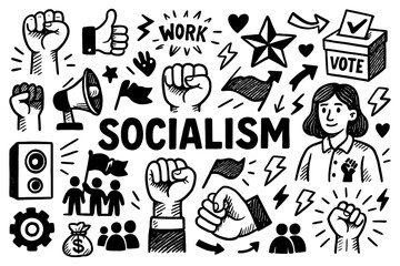 Socialism doodle collage with raised fists, protest symbols, voting and unity elements, Transparent Background 
