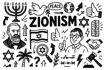 Zionism doodle collage with Jewish symbols, Israel map, peace doves and homeland support, Transparent Background 