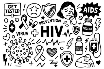 HIV awareness doodle collage with ribbons, stop AIDS sign, syringe and hope symbols, Transparent Background 