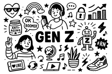 Gen Z doodle collage with characters, icons, technology and pop culture elements, Transparent Background 