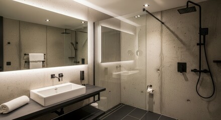 Modern Luxury Bathroom Interior with Backlit Mirror and Glass Shower.